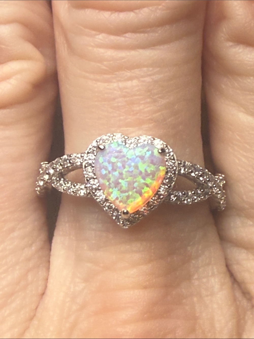 Heart Opal Halo Ring Opalescent GRA CERTIFIED MOISSANITE DIAMONDS 925 SS NEW